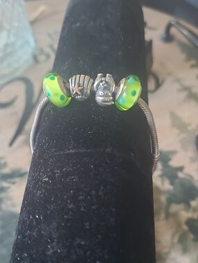 Pandora Silver Bracelet with Neon Green Murano Dots and Silver Charms
